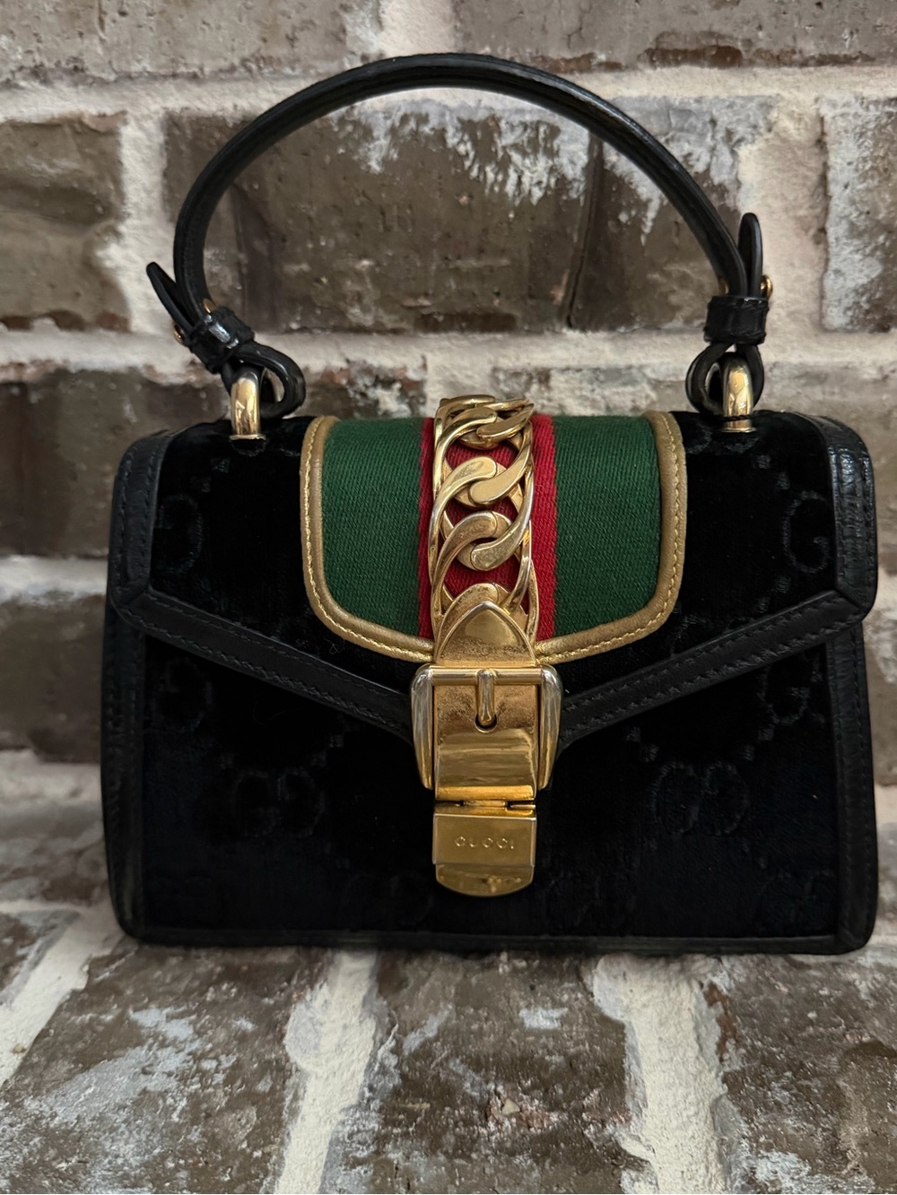 Gucci Sylvie GG Velvet top handle cross body
